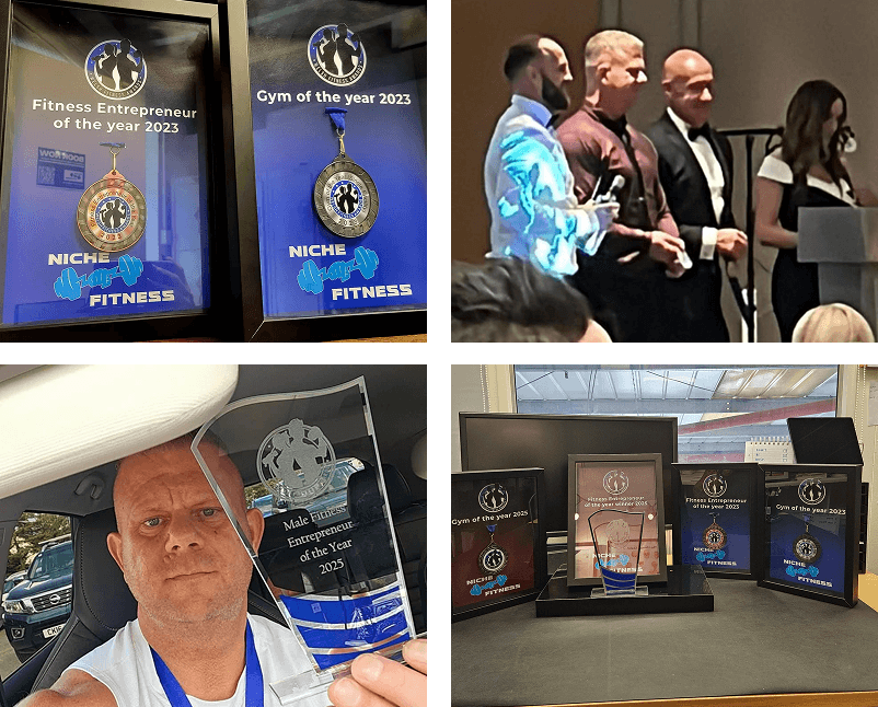 Collage of fitness awards and achievements